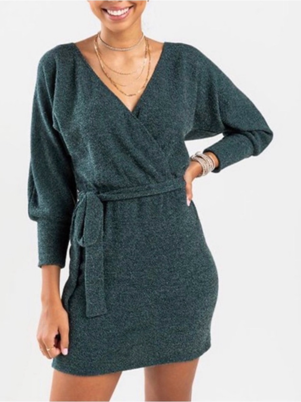 V-Neck Belted Mini Dress in Dark Teal Green